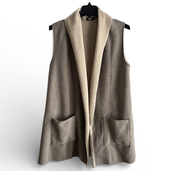 Cameleon Sylvia Jackets & Blazers - Cameleon Sylvia Vest Taupe & Cream Sherpa Lined Open Front Large Lagenlook Tunic